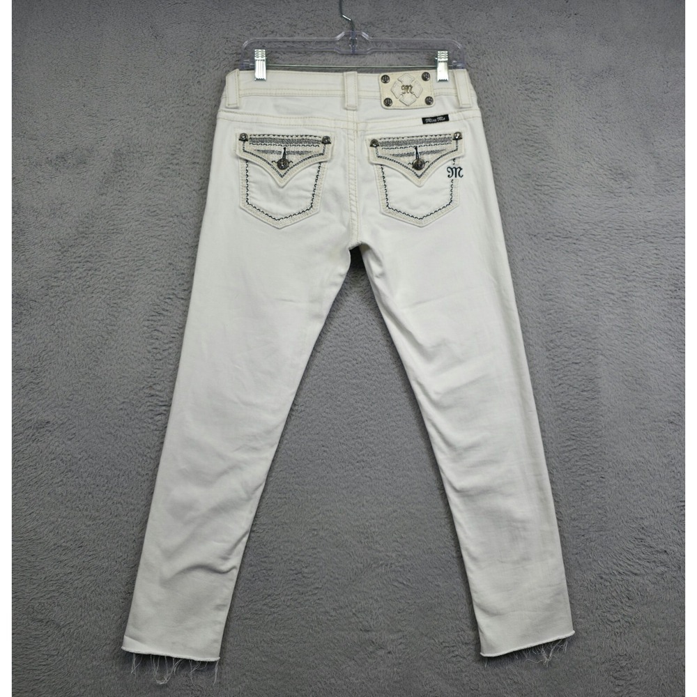 Miss Me Jeans Womens 27 White Signature Skinny Low Rise Raw Hem Metallic Western
